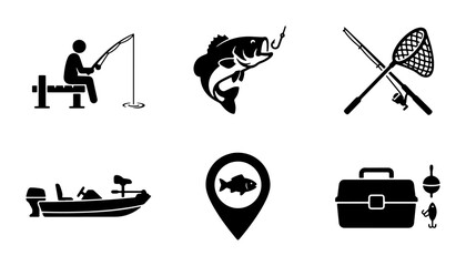 Fishing Icons Set: Angler on Bench, Bass Fish Hooked, Net & Rods, Bass Boat, Location Pin, Tackle Box, Floats. Vector Graphics for Outdoor Recreation & Sport. © Habibur