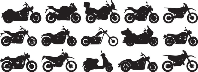 Large collection of motorcycle silhouettes featuring various styles including cruiser, sportbike, adventure touring, cafe racer, chopper, scooter, and off-road dirt bike models © fepro