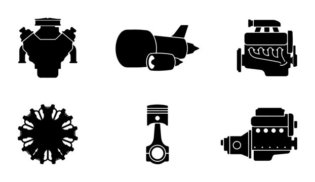 Set of 6 Black Engine Icons, Automotive Power Units, Mechanical Components, Vehicle Parts, Industrial Machinery, Graphic Design Elements