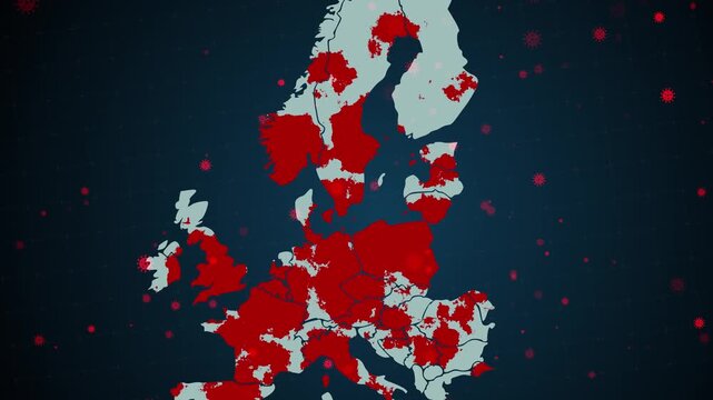 Animated Europe map with spreading virus symbols visualizes a global outbreak, highlighting transmission, expansion, and pandemic risk