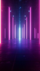 Fototapeta premium Abstract neon grid landscape with glowing pillars and light beam in a futuristic background