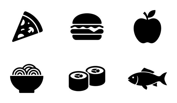 Minimalist Food Icons Vector Set: Pizza, Burger, Apple, Noodles, Sushi, Fish. Simple Black & White Graphics for Culinary Concepts, Menus, and Apps.