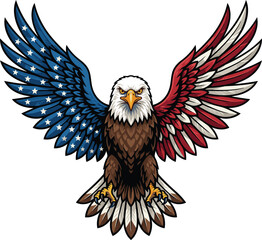 Fototapeta premium Patriotic American Bald Eagle Mascot Vector Illustration with US Flag Wings, Stars and Stripes Design