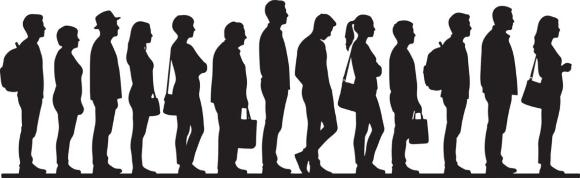 Title: Large group of diverse people silhouettes standing in a queue or waiting line featuring men and women in side profile for social service and urban life concepts