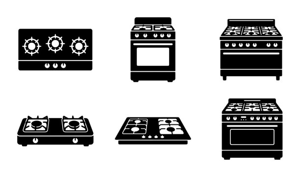 Gas Stove Icons Set, Kitchen Appliance Vector Graphics, Cooking Burner Collection, Modern Kitchen Equipment Illustrations