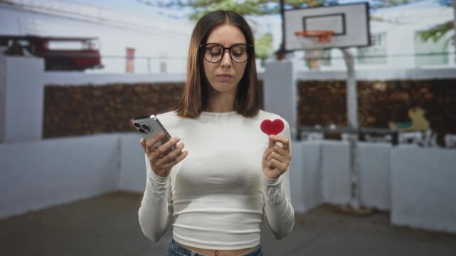 Woman holding smartphone and small red heart while checking dating app on an outdoor basketball court, wearing glasses and white top; pensive longing.