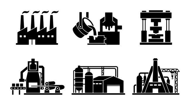 Industrial Factory Icons, Manufacturing Plant Symbols, Production Facility Silhouettes, Heavy Industry Vector Graphics