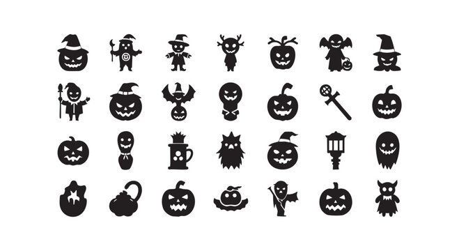 Various spooky halloween silhouettes featuring pumpkins ghosts and magical characters for festive creative designs.