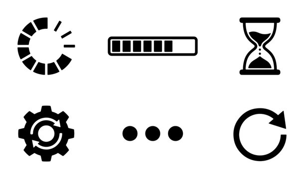 Loading Icons Set, Progress Bar, Hourglass, Gear, Ellipsis, Refresh Symbol, Vector Graphics for UI and Web Design