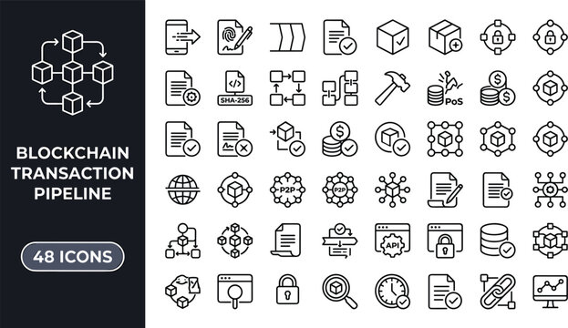 Blockchain Transaction Pipeline Icon Set with Crypto Ledger Network Validation Smart Contract and Security Vector Illustration