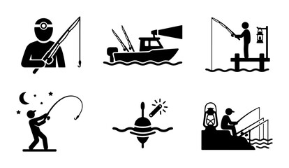 Fishing Icons Set, Vector Graphics for Angling, Sport Fishing, and Outdoor Recreation, Nautical and Boating Themes © Tanzina