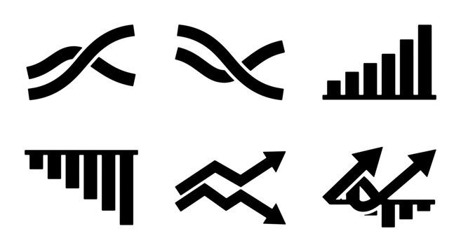 Black Vector Icons: Intertwined Lines, Bar Charts, and Arrow Graphs for Business Growth and Data Analysis