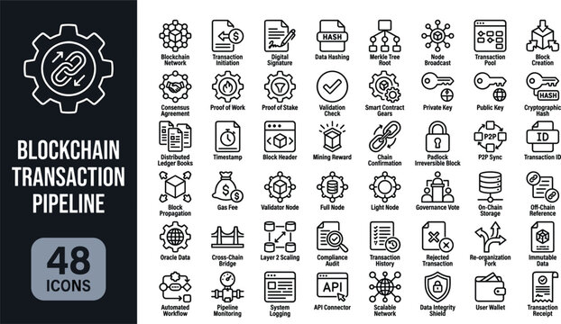 Blockchain Transaction Pipeline Icon Set with Crypto Ledger Smart Contract Network Validation and Wallet Vector Illustration