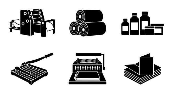 Printing Press, Paper Rolls, Ink Bottles, Guillotine Cutter, Binding Machine, Stacked Paper Icons: Commercial Print Industry Vector Set