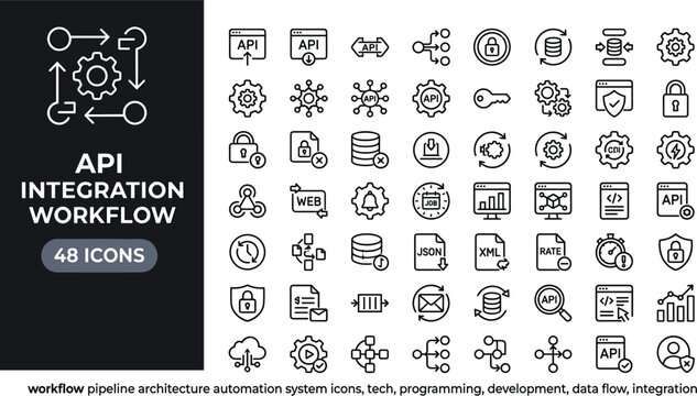 API Integration Workflow Icon Set with Automation Data Flow Cloud Connection and Development Tools Vector Illustration