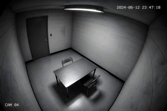 Empty interrogation room filmed by a security camera