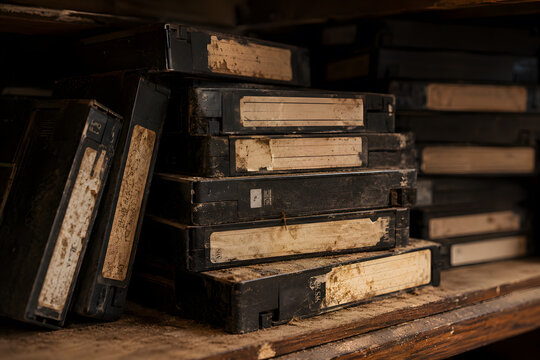 Dusty old vhs tapes stacked on a wooden shelf
