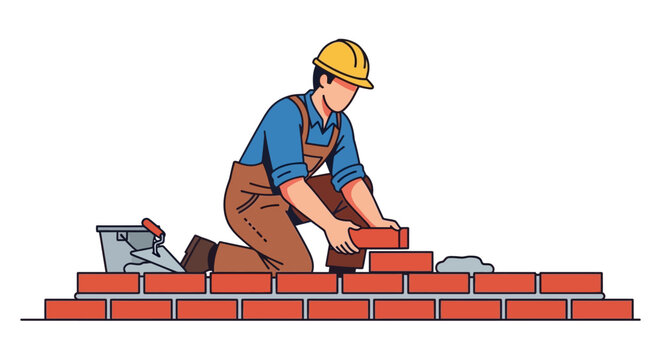 Construction worker laying bricks in a detailed vector illustration