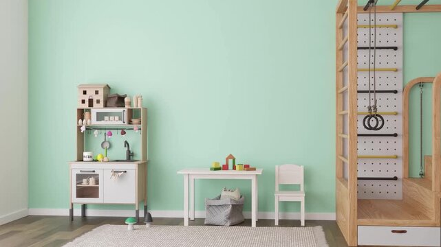 In a bright kids room, furniture appears with playful colors. A small kitchen area has toys and items. A fun play area has a climbing frame and places to sit. Kids enjoy this lively space