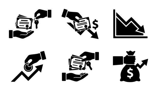 Financial Transaction Icons: Property Sale, Investment Growth, Market Decline, Coin Exchange, Money Bag Increase, Vector Set