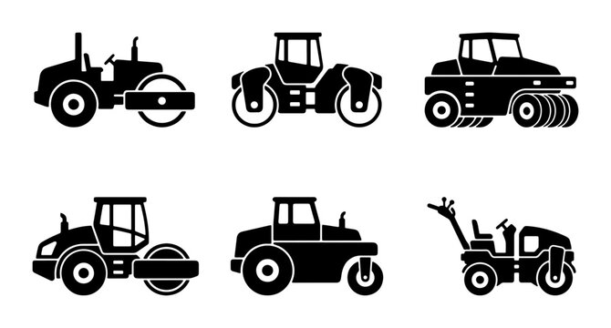 Road Roller Vector Icons Set, Construction Vehicle Silhouettes, Heavy Machinery Graphics for Pavement and Compaction Projects