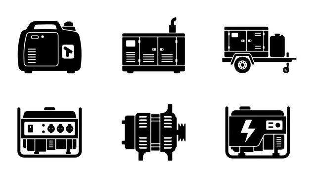 Portable Generator Icons, Industrial Power Units, Emergency Backup Systems, Vector Set