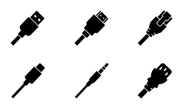 Set of 6 black technology connector icons: USB, HDMI, Ethernet, USB-C, Audio Jack, and DisplayPort, vector graphics for digital connectivity and data transfer