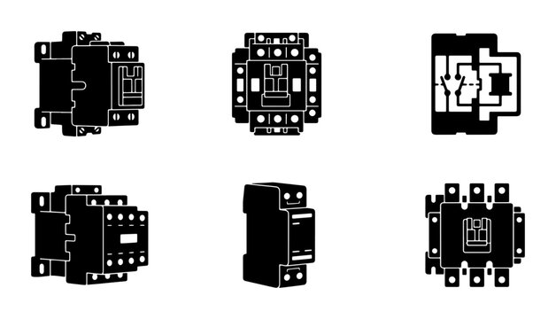 Electrical Contactor Icons, Magnetic Switch Symbols, Industrial Power Components, Circuit Breaker Graphics, Vector Set
