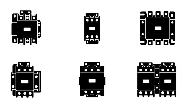 Electrical Contactor Icons, Industrial Power Relay Symbols, Magnetic Switch Vector Set, Control Circuit Components, Black and White Technical Graphics