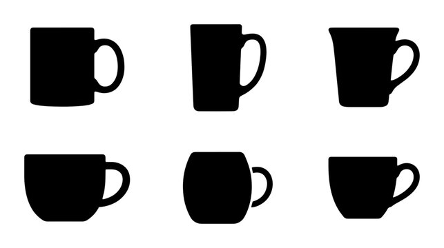 Six Black Silhouette Coffee Mugs, Diverse Cup Shapes, Vector Icons for Beverage Service, Cafe Branding, Kitchenware Design