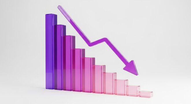 Purple down arrow on decreasing bar chart, 3d render representing financial crisis and business failure.