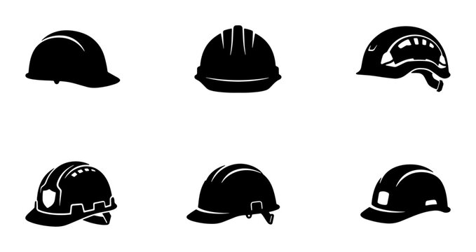 Industrial Safety Helmets, Hard Hats, Protective Headwear Icons Set, Black Silhouette Collection for Construction and Workwear