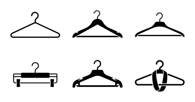 Set of 6 Black and White Clothes Hangers, Vector Icons for Wardrobe Organization, Retail Display, and Fashion Design Elements