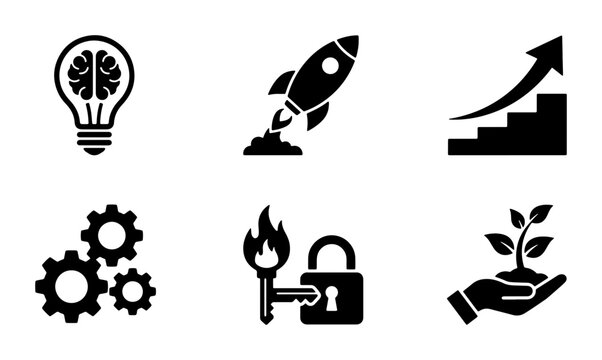 Startup Icons: Brainstorming, Rocket Launch, Growth Chart, Gears, Security, and Sustainability Vector Set