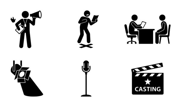 Film Production Icons Set: Director, Actor Audition, Interview, Spotlight, Microphone, Clapperboard. Vector Graphics for Cinema and Media.