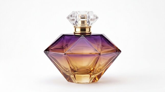 Luxurious perfume bottle with purple and gold hues on white background