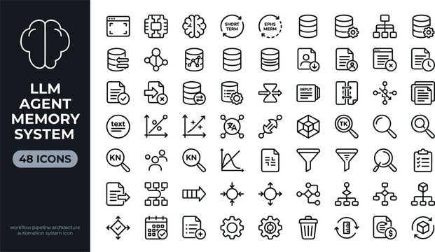 LLM Agent Memory System Icon Set with Knowledge Retrieval Vector Database and AI Workflow Architecture