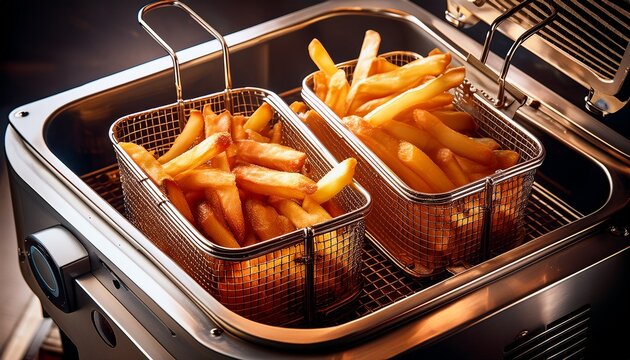 french fries frying in deep fryer in metal baskets