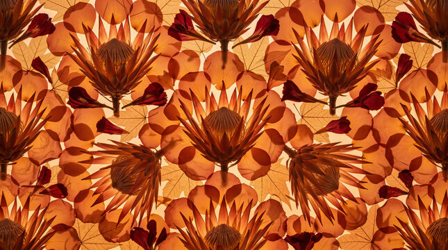 Backlit proteas and amber leaves create a translucent, glowing mosaic. It feels like a warm, flickering hearth or a captured autumn sunset, radiating a deep, rhythmic vitality.