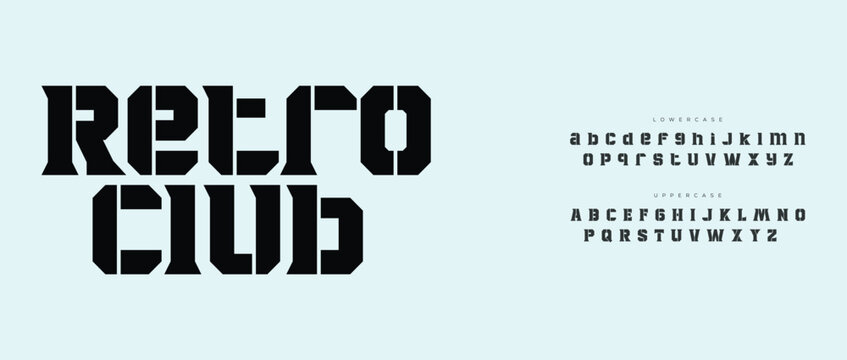 Bold retro club blocky text design with alphabet samples