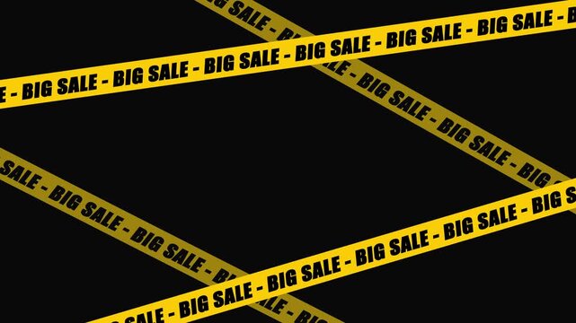 Yellow caution tape crossing screen with "Big Sale" text. Dynamic promotion animation
