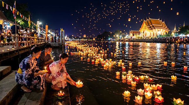 People releasing floating lanterns and sky lanterns during Loy Krathong festival in Thailand.
