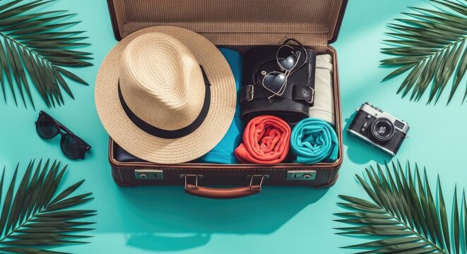 Vintage open suitcase packed with summer vacation essentials and tropical palm leaves.