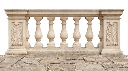 Fototapeta premium Stone balustrade with ornate balusters and carved leaf details on white background