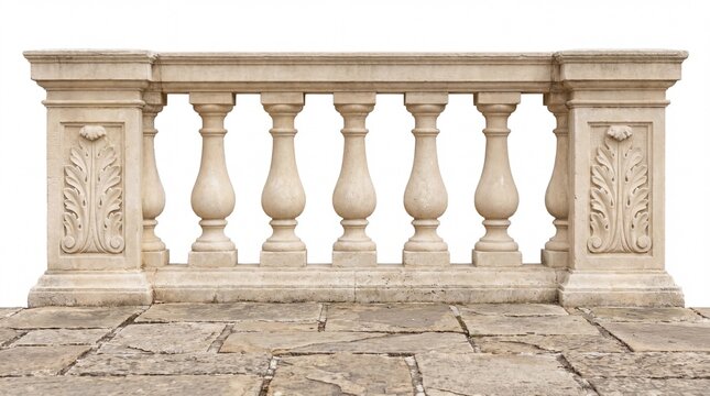 Stone balustrade with ornate balusters and carved leaf details on white background
