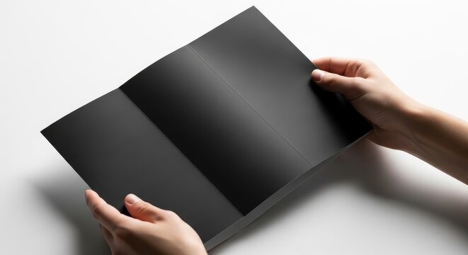 Human hands holding blank black trifold brochure mockup over white surface in studio.