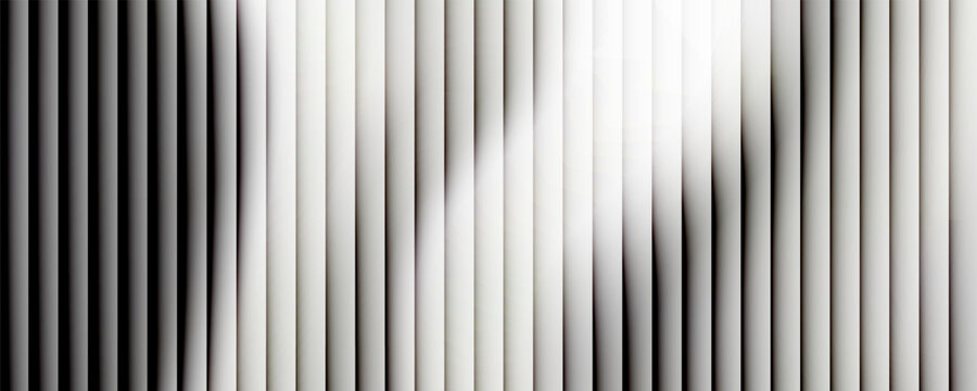 Transparent corrugated plastic ribbed glass background with abstract line patterns. 3D gradient light effects for retail windows or architectural panels. Vintage chrome reflections or polycarbonate.