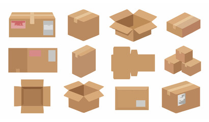 Fototapeta premium Open and Closed Cardboard Shipping Boxes Vector Collection with Packaging Warning Icons