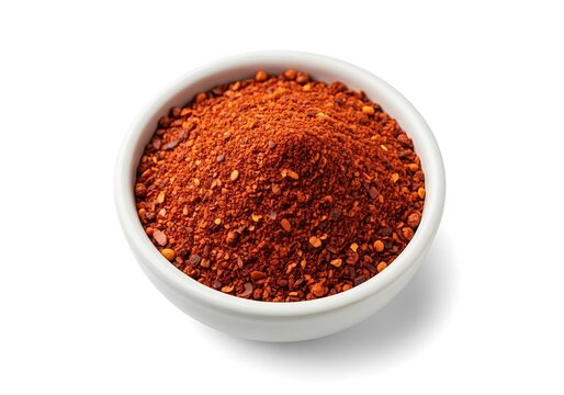 Small white ceramic bowl filled with bright red chili powder and crushed spicy dried pepper flakes. aleppo pepper powder