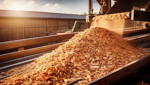wood chips moving on conveyor belt in timber industry